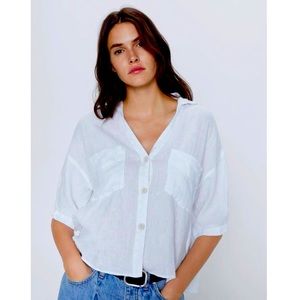 Zara White Linen Short Sleeve Top - Small